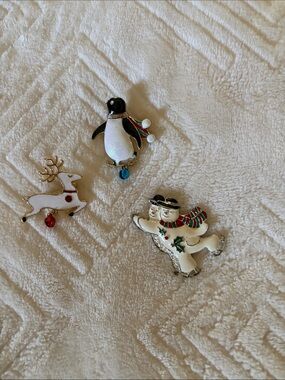 Festive Holiday Brooch Trio - Penguin, Reindeer & Skating Snowman